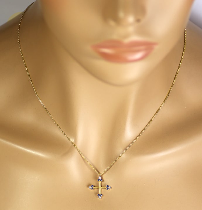 Foto 4 - Kleeblattkreuz Brillanten Saphire mit Kette Gold, S2543